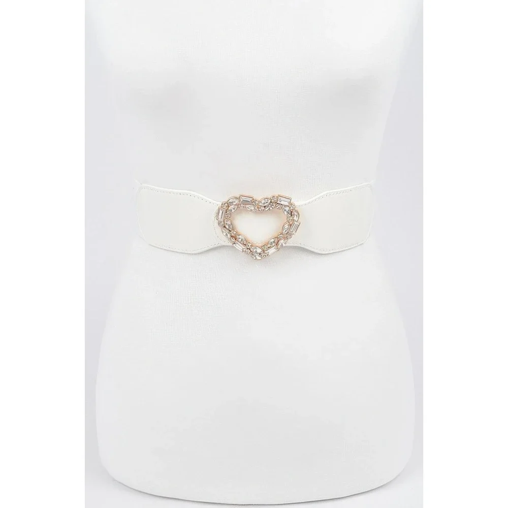 Heart Buckle Belt Womens White NEW Rhinestone Crystal Elastic